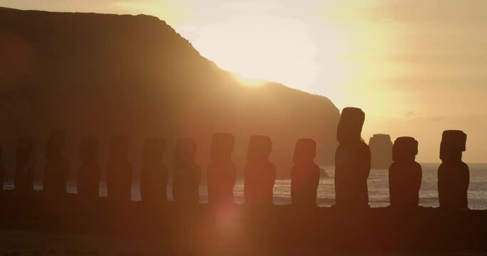Wide, sunset over coastal Easter Island statues