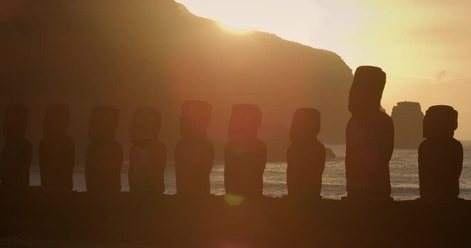 Wide, sunset over Easter Island statues