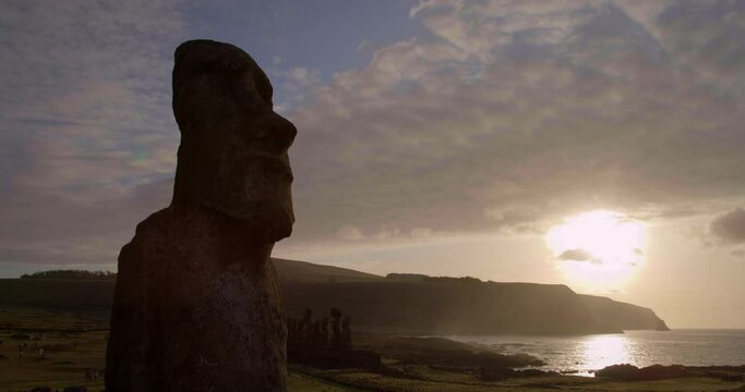 Low angle, Easter Island landmark statues at sunset