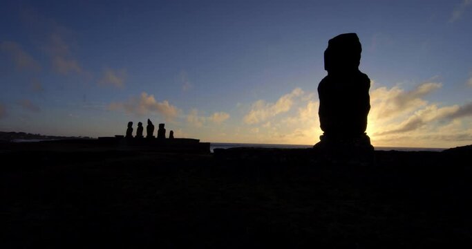 Low angle, sun sets over Easter Island heads