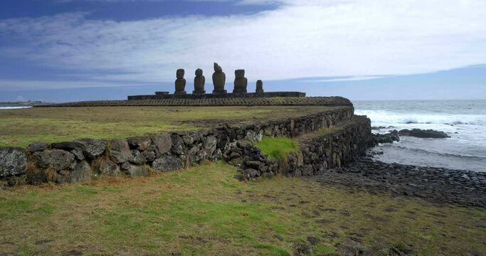 Easter Island heads on Chile coastline, dolly shot