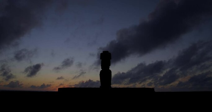 Sun sets over Easter Island head, timelapse