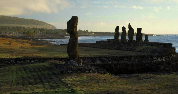 Easter Island statues at sunset, wide