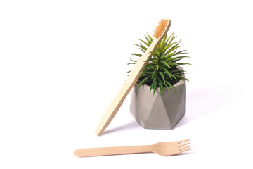 Eco-friendly Bamboo toothbrush and green flower isolated on grey background. Oral care concept. Ecological health accessories.