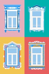 Window frames with Tatar ornament. Vector illustration in flat style. Folk rural architecture
