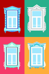 Window frames with Tatar ornament. Vector illustration in flat style. Folk rural architecture