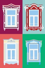 Window frames with Tatar ornament. Vector illustration in flat style. Folk rural architecture