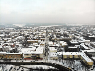 Aerial view of Kirov city streets in winter (Russia).