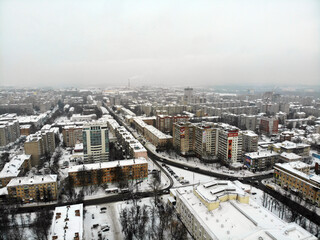 Aerial view of Kirov city streets in winter (Russia).