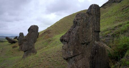 Pan right, Easter Island statues in Chile countryside