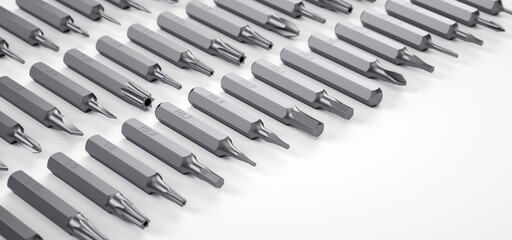 Set of screwdriver bits on white background.