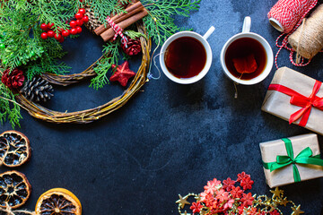 christmas tea party background gift new year festive table setting holidays party tasty serving size portion top view copy space for text food background rustic