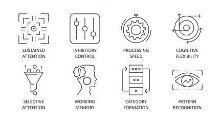 Vector cognitive skills icons. Editable stroke. Inhibitory control sustained attention processing speed flexibility. Selective attention working memory category formation pattern recognition
