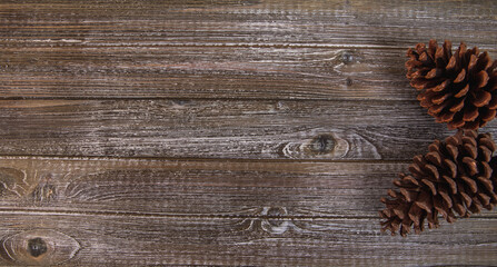 pomme de pin à droite d'un espace vide fait de planches de bois brun