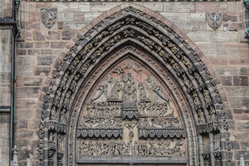 Gothic facade of Saint Lawrence (Lorenz, 1477) church in the old town of Nuremberg, Bavaria, Germany.