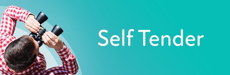 Fototapeta premium Self Tender. Man observing with binoculars. Focus on text/word. Panorama format. Blue/turquoise background.