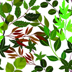Fototapeta na wymiar Botanical seamless pattern with leaves. Bright summer or spring print for any purposes. Colorful hand drawn illustration. Vintage natural pattern. Organic background. 