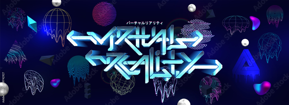 Aufkleber Trendy universal shapes with glitch and defect effects. Vaporwave design elements in retrofuturism style. Abstract VR cyberpunk collection. Vector memphis shapes. Japanese lettering - virtual reality