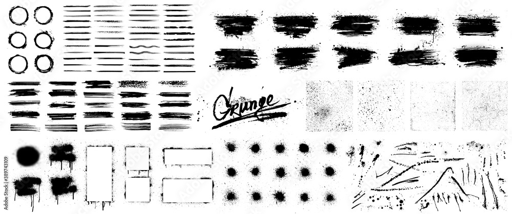 Poster Diverse grunge collection with many different elements - Overlay texture, Ink splashes stencil, spray graffiti, brushstroke with splashes, highlighters lines and other. Grunge design elements. Vector