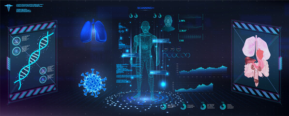 Futuristic examination of the human body with a HUD interface. Modern healthcare Research of human health, polygonal hologram human body x-ray. GUI, UI, HUD for medicine app. Body scan. Vector