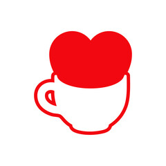 I love coffee. Logotipo con corazón en taza de café en color rojo