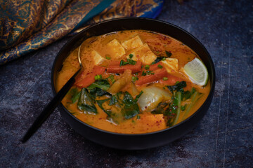 Vegan thai red curry with carrot, tofu and bock choy in black bowl, copy space
