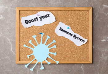 Paper pieces with phrase Boost your Immune System pinned to corkboard on grey background