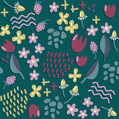 Hand draw flower and geometric elements pattern with daisy, tulip and wild strawberry in forest or sylvan concept. Green background with yellow and pink elements.