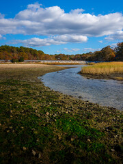 Tall landscape with dramatic clouds in the blue sky over the swirling river stream in the marsh on Cape Cod