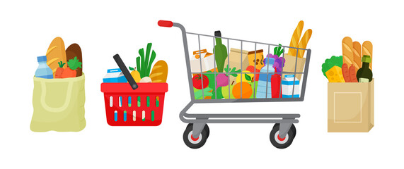 Fototapeta premium Grocery purchase vector set. Textile bag, shopping basket and trolley, paper package with products. Foods and drinks, vegetables and fruits. Supermarket illustration