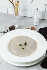 Mushroom soup with parsley on gray background, close up