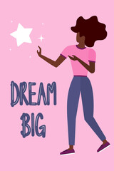 Cute hand drawn lettering dream big motivational quote with young woman catching the stars concept vector illustration