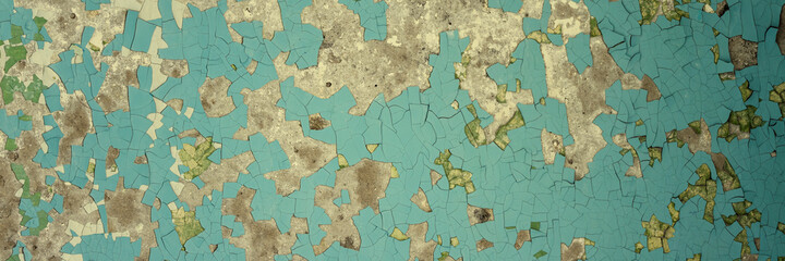 Peeling paint on the wall. Panorama of a concrete wall with old cracked flaking paint. Weathered rough painted surface with patterns of cracks and peeling. Panoramic texture for background and design.