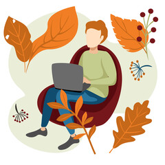 A man sits in a chair with a laptop. Vector illustration in flat style