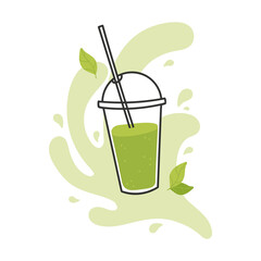Matcha Bubble tea. Takeaway cup of tea. Asian drink. Hand drawn colored trendy vector illustration with text. Cartoon style. Flat design.
