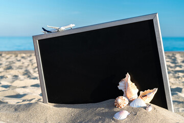 Tropical background. Globe, seashell, airplane and starfish near black desk on sea beach in sunny day. Copy space for text.