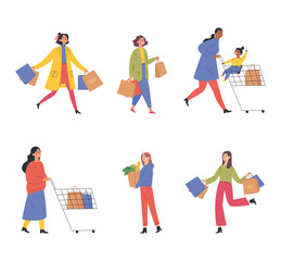 Collection of happy people with shopping bags and carts. Set of different man, woman and child with trolley and shopping bag isolated on white.Young people taking part in seasonal sale at mall. 
