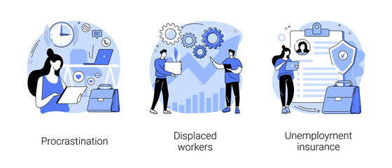 Business termination abstract concept vector illustration set. Procrastination, displaced workers, unemployment insurance, professional burnout, lost job position, claim form abstract metaphor.