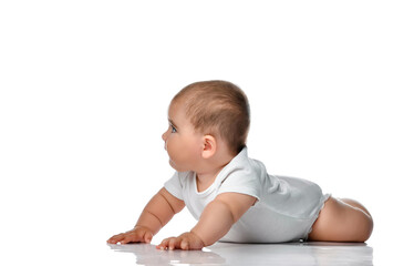 beautiful little baby, crawling isolated on white background