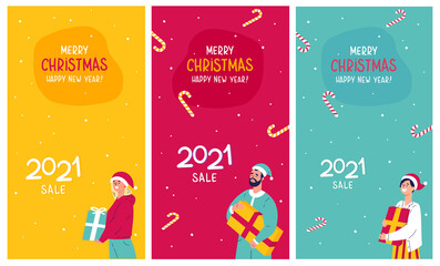 Template design for christmas sale with people.Christmas advertising.People in Christmas hats and holiday candies on the background.Set of vertical social media stories and post design with lettering.