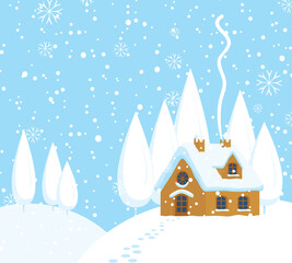 Snowy winter landscape or banner with village house on the snow-covered hill. Vector illustration, winter background in cartoon style. Gingerbread house