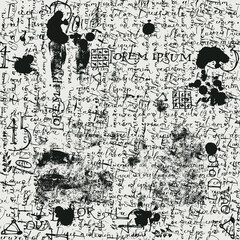 Fototapeta premium Abstract seamless pattern with black handwritten illegible text Lorem Ipsum, blots and fingerprints on the old paper backdrop. Vintage vector repeating background, wallpaper, wrapping paper, fabric
