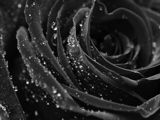 drops on roses. Abstract flower black white rose on black background - Valentines, Mothers day, anniversary, condolence card. Beautiful rose. close up roses . monochrome. panorama