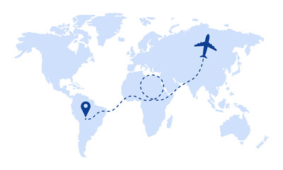 Airplane travel route with start point concept on world map.