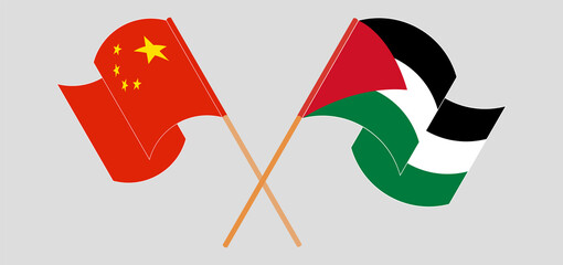 Crossed and waving flags of Palestine and China