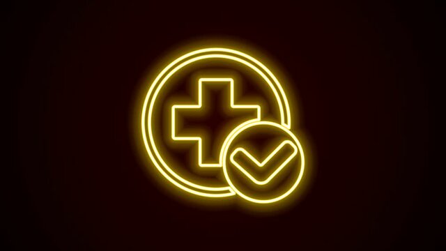 Glowing neon line Cross hospital medical icon isolated on black background. First aid. Diagnostics symbol. Medicine and pharmacy sign. 4K Video motion graphic animation