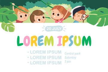 Obraz premium Kids walking in jangle, woods forest. Children on outdoor adventure travel, activity, scouting hiking, recreation, tourism. Explore nature.