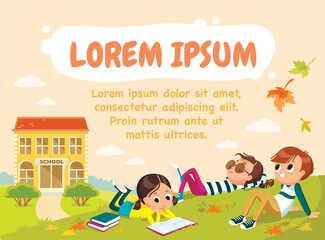School template. Pupils on outdoor break. Children having rest lying on green meadow in the grass with school building on background. School. Autumn, fall, childhood, friends. Lying on grass.