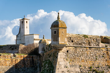 Peniche Fortress with beautiful historic white building and walls, in Portugal