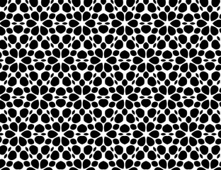 Black, white pattern, geometric wallpaper , seamless texture with flat floral ornament, decorative illustration with simple elemets